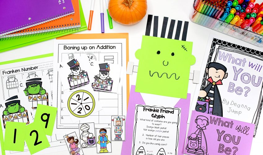 Halloween Classroom Activities for kindergarten and first grade! If you're looking for a Halloween unit math and literacy activities labeling sheet, you can get it from this blog post for free.