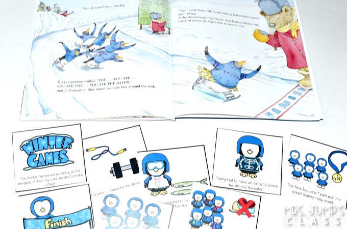 Winter Games Lesson Plans for kindergarten and first grade. Perfect to use during the Winter Olympics. Tacky and the Winter Games by Helen Lester is featured in this blog post. Reading comprehension, retelling, and a craft. Free directed drawing too.