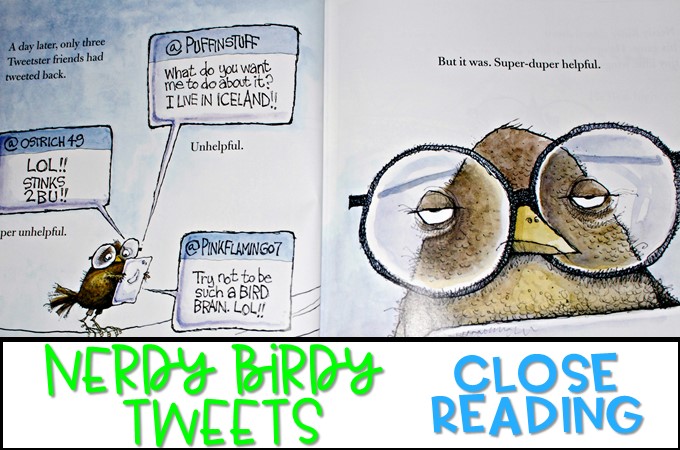 Second Grade Close Reading for Nerdy Birdy Tweets by Aaron Reynolds. Reading comprehension ideas with student response activities. Grammar, vocabulary, and a cute craft too!