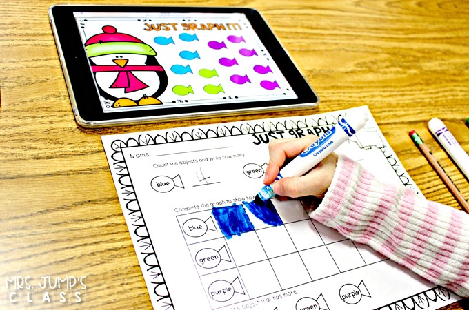 Digital Student Center Activities for kindergarten and first grade classrooms. These paper saving math and literacy skills centers, with response worksheets, will be a classroom favorite.