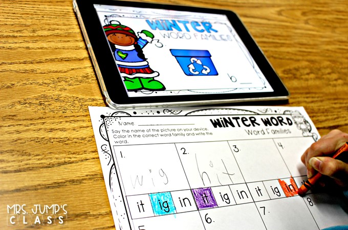 Digital Student Center Activities for kindergarten and first grade classrooms. These paper saving math and literacy skills centers, with response worksheets, will be a classroom favorite.