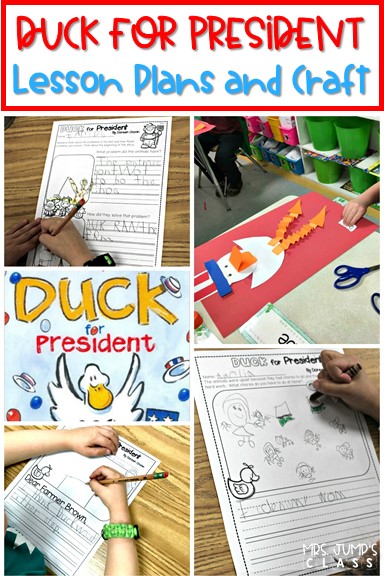 Duck for President reading lessons for kindergarten and 1st grade! This is a great book for President's Day. Reading comprehension, responding to literature, and a fun craft!