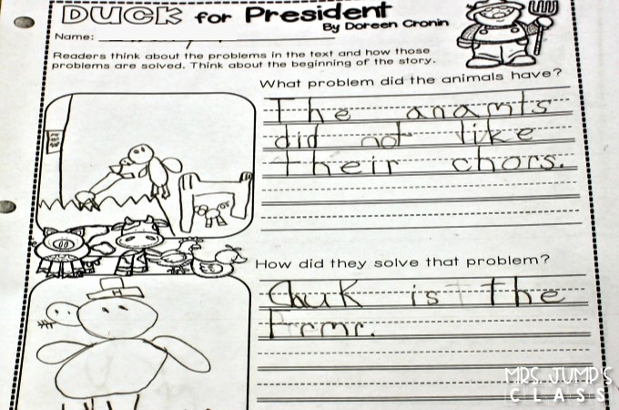 Duck for President reading lessons for kindergarten and 1st grade! This is a great book for President's Day. Reading comprehension, responding to literature, and a fun craft!