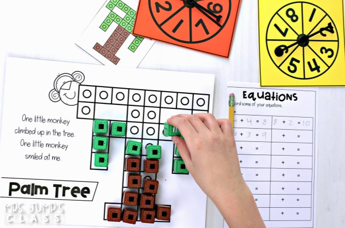 Hands-on math activities for kindergarten and first grade. These math activities using snap cubes can be used independently at any time during the day.