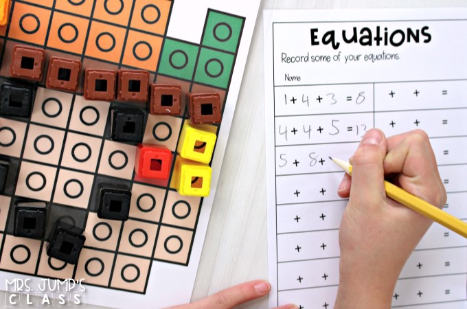 Hands-on math activities for kindergarten and first grade. These math activities using snap cubes can be used independently at any time during the day.