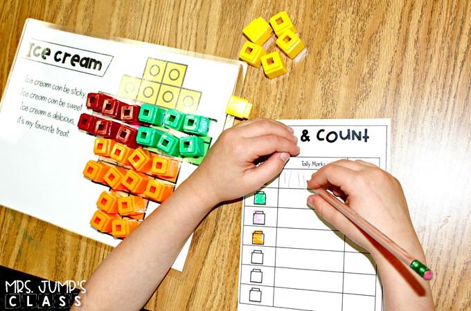 Hands-on math activities for kindergarten and first grade. These math activities using snap cubes can be used independently at any time during the day.