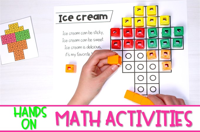 Hands-on math activities for kindergarten and first grade. These math activities using snap cubes can be used independently at any time during the day.