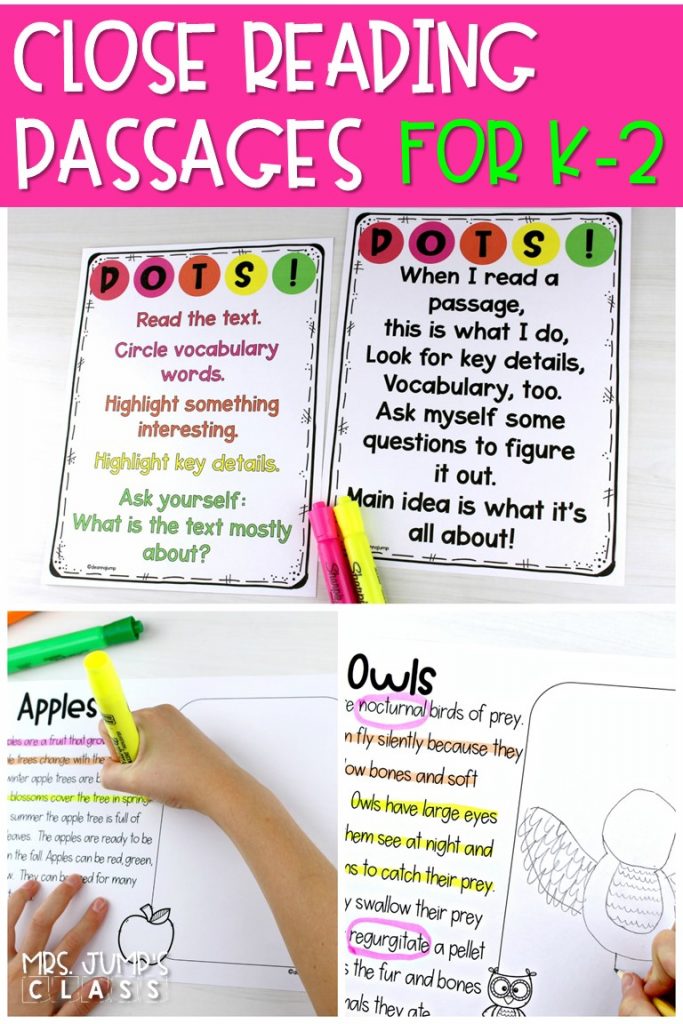 Fall themed close reading passages to teach your primary students how to annotate a text. Your students will love this color-coded method using DOTS! #closereadingpassages #detailsontheside #fallreading