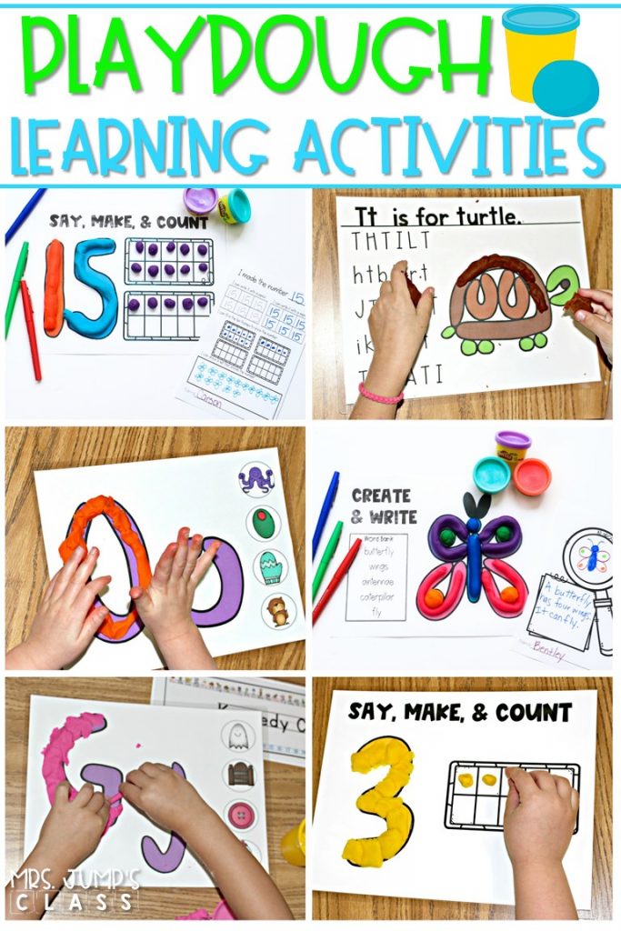 Playdough learning activities for kindergarten and first grade. Students have fun practicing letters, initial sounds, and numbers to 30 with these hands-on learning mats. #playdoughlearningactivities #handsonlearning #playdough