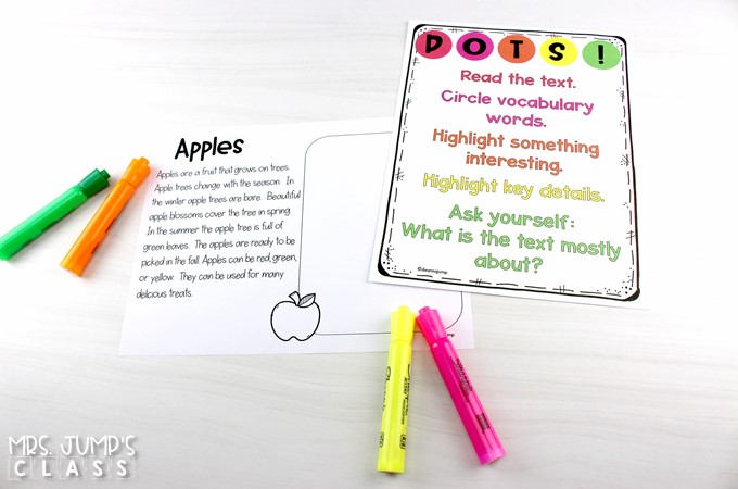 Fall themed close reading passages to teach your primary students how to annotate a text. Your students will love this color-coded method using DOTS!