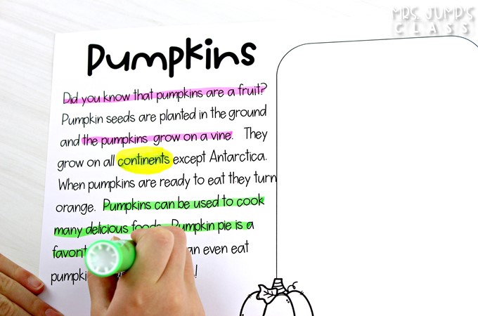 Fall themed close reading passages to teach your primary students how to annotate a text. Your students will love this color-coded method using DOTS!