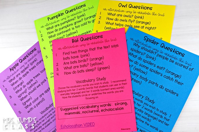 Fall themed close reading passages to teach your primary students how to annotate a text. Your students will love this color-coded method using DOTS!