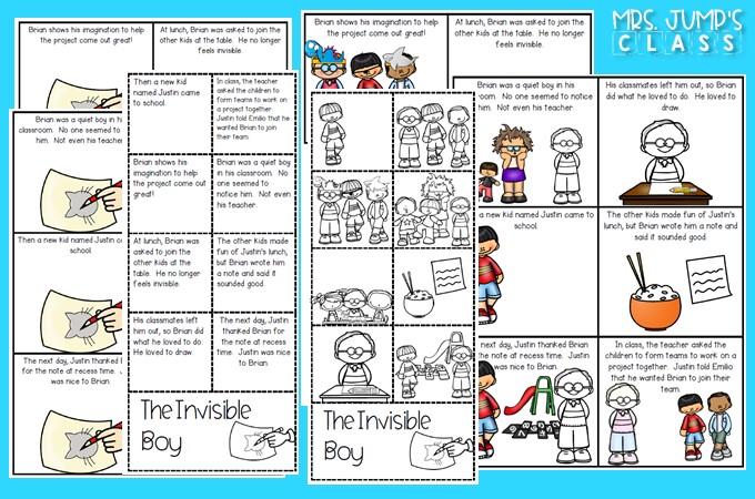 The Invisible Boy activities. Reading comprehension lesson plans with student response activities. Vocabulary, grammar, sentence study, and a craft, too!