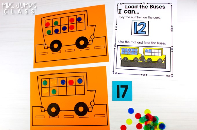 Bus-themed ten frames being filled with colorful counters to model the number 17