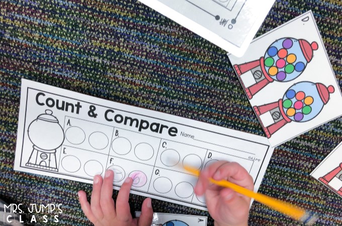 A gumball-themed count and compare activity.