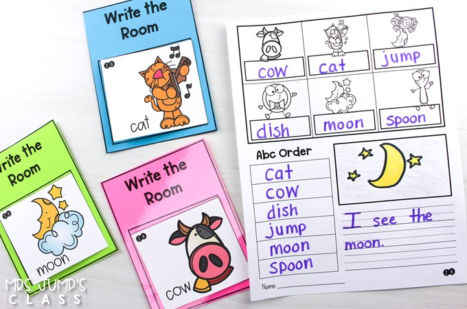 Write the room center activities for kindergarten and first grade. 80 sets of word cards with differentiated response sheets! Beginning sounds, word families, nursery rhymes and more!