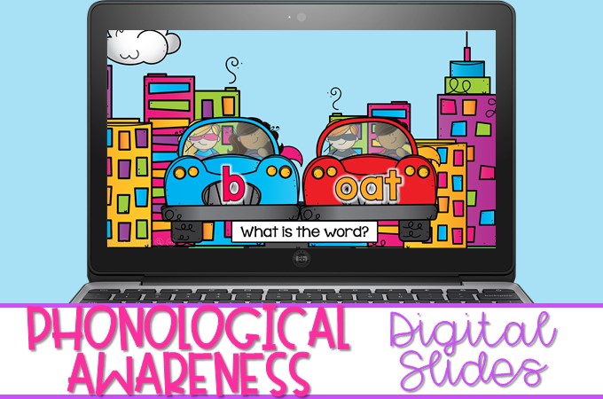 Digital phonological awareness slides to use in your PreK, K, or 1st grade classroom or through a video conferencing platform for distance learning.
