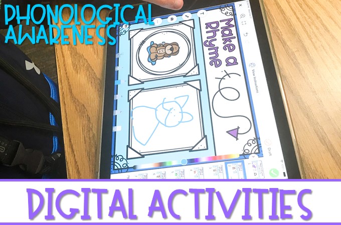 Phonological Awareness digital activities to practice rhyming, syllables, letter sounds, word concepts, onset & rime, and sounds in words.