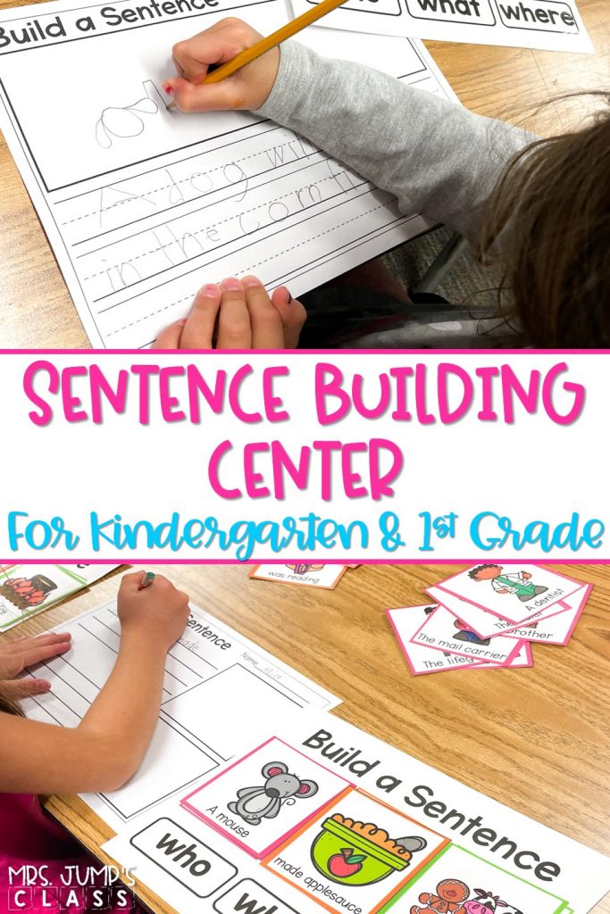 Practice building sentences in kindergarten and 1st grade with this literacy center! Students use the color-coded sentence parts to build and create sentences.