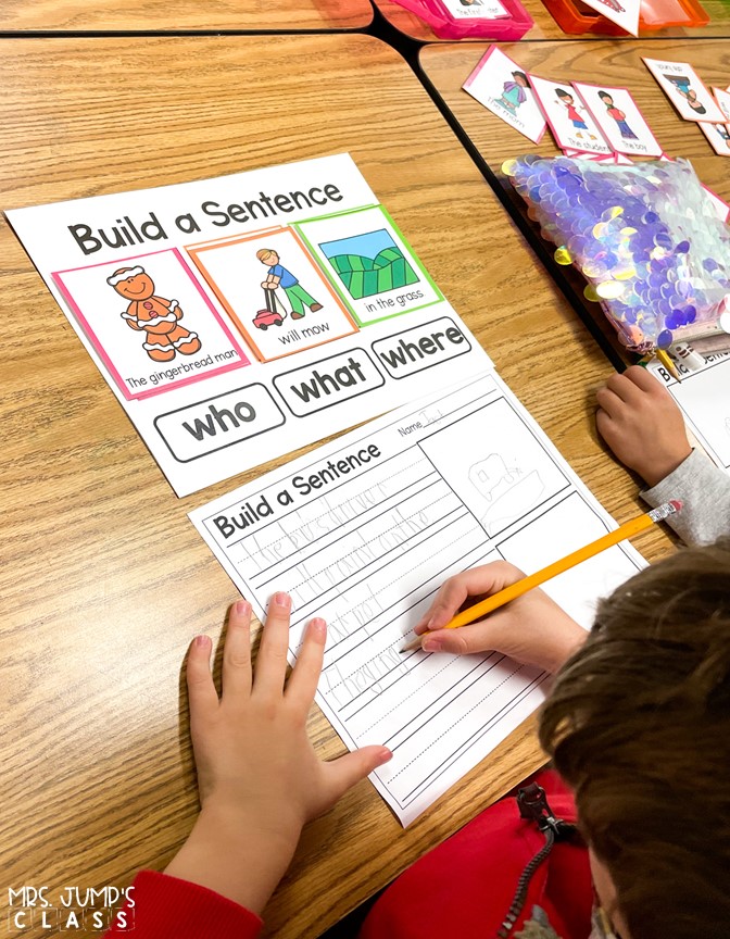 Practice building sentences in kindergarten and 1st grade with this literacy center! Students use the color-coded sentence parts to build and create sentences.