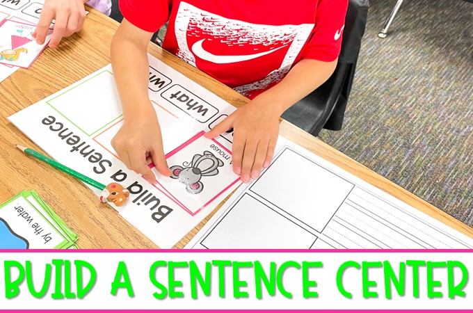 Practice building sentences in kindergarten and 1st grade with this literacy center! Students use the color-coded sentence parts to build and create sentences.