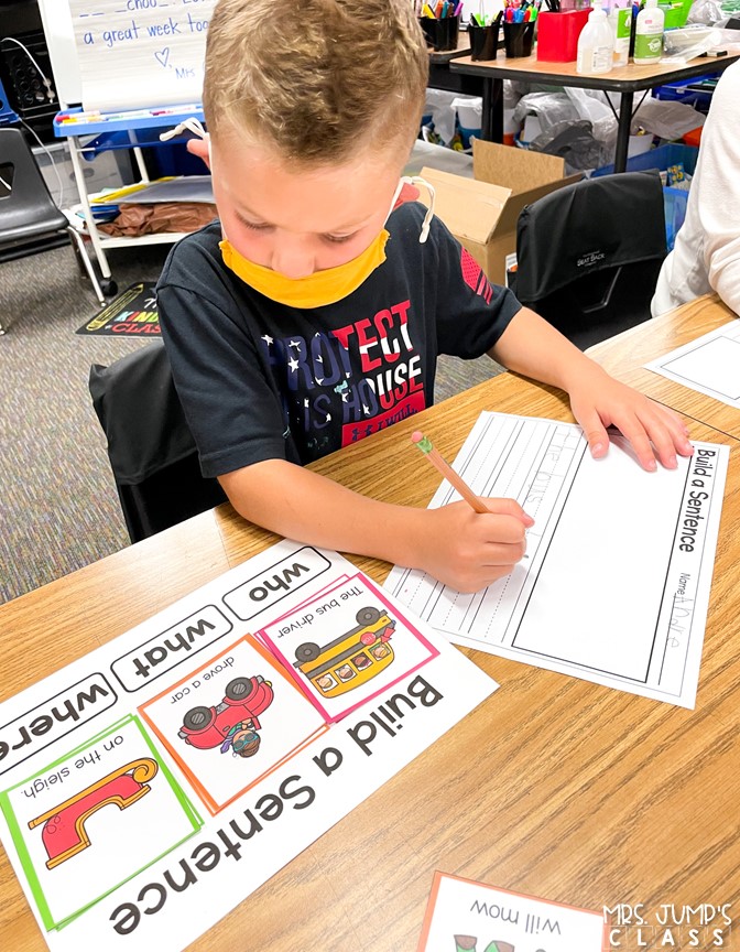 Practice building sentences in kindergarten and 1st grade with this literacy center! Students use the color-coded sentence parts to build and create sentences.