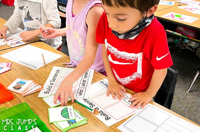 Practice building sentences in kindergarten and 1st grade with this literacy center! Students use the color-coded sentence parts to build and create sentences.