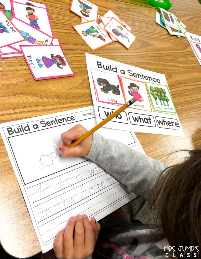 Practice building sentences in kindergarten and 1st grade with this literacy center! Students use the color-coded sentence parts to build and create sentences.