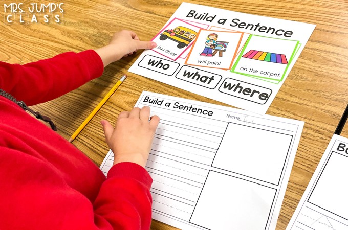 Practice building sentences in kindergarten and 1st grade with this literacy center! Students use the color-coded sentence parts to build and create sentences.