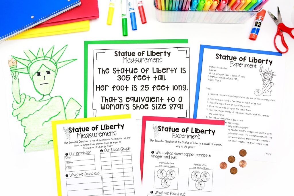 A variety of printable activities about the Statue of Liberty