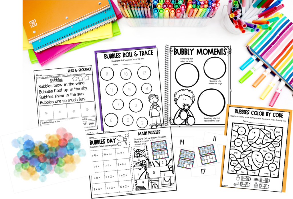 Bubble-themed worksheets and a bubble painting activity