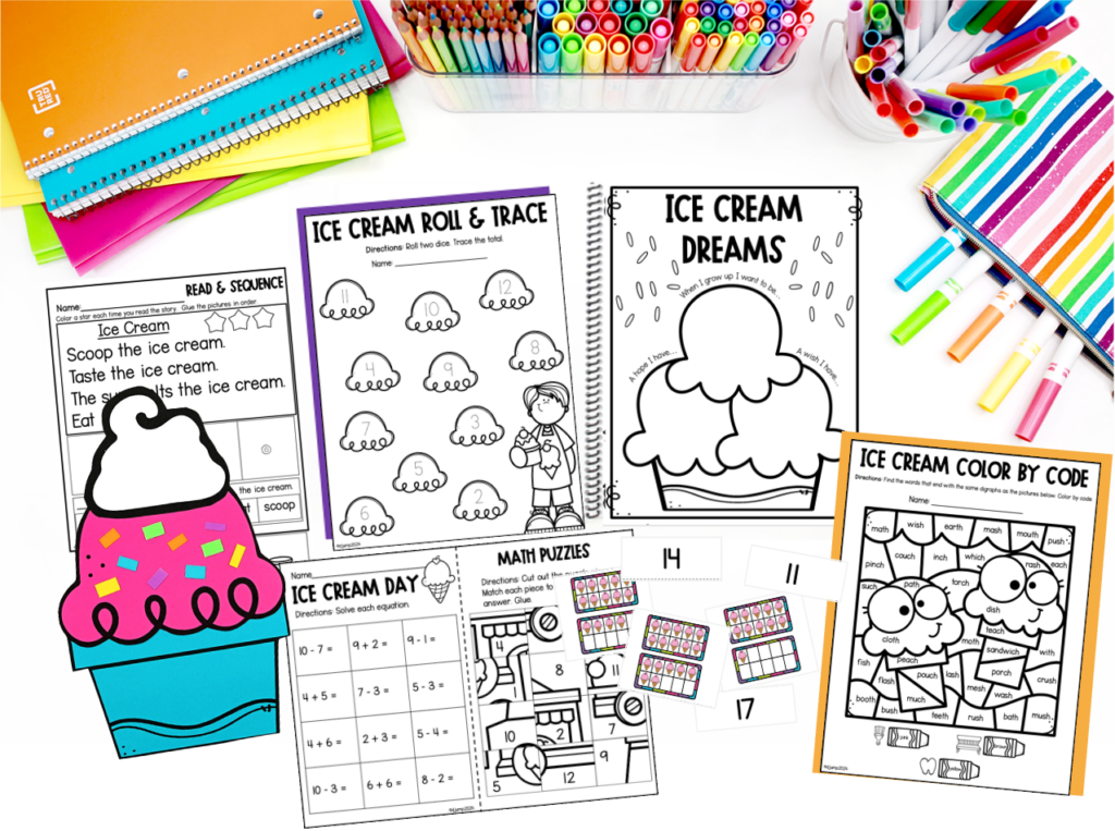 A variety of ice cream themed learning activities and an ice cream sundae craft
