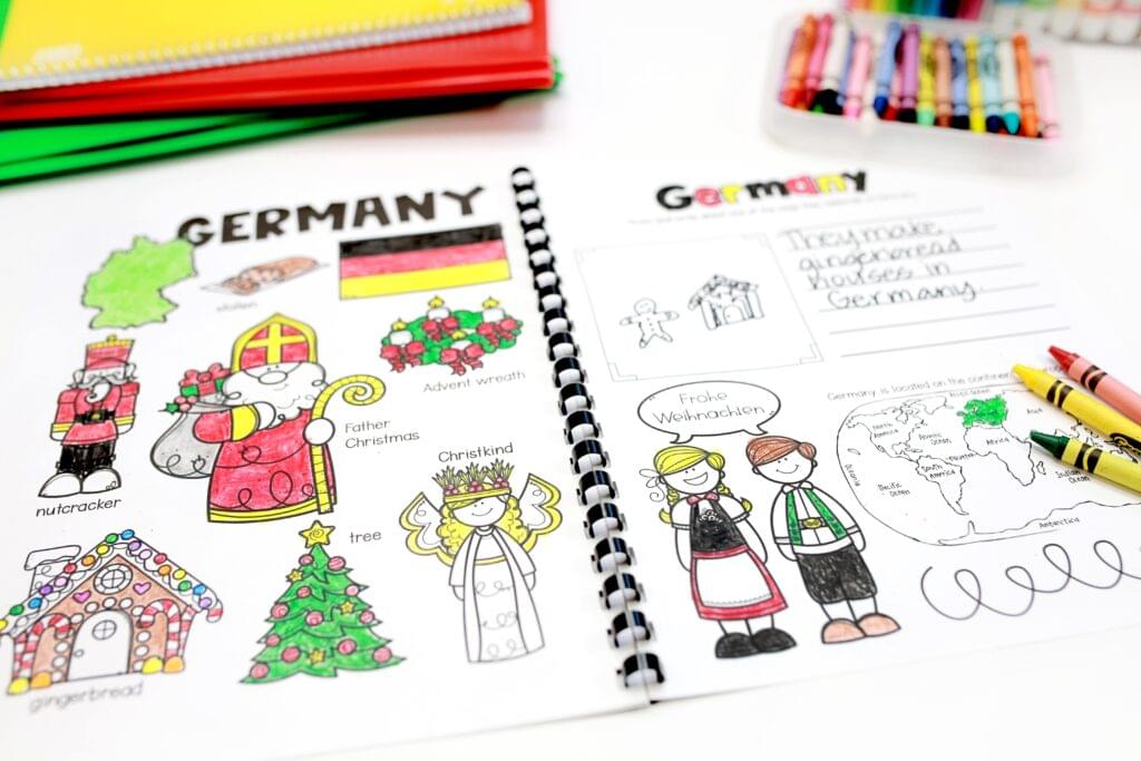 A Holidays Around the World book open to pages about Germany